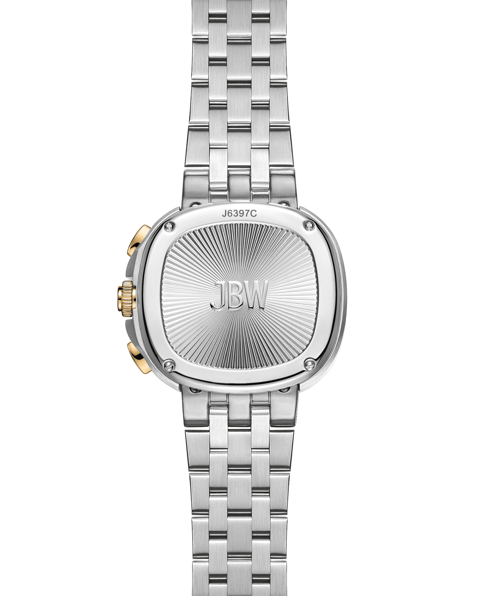 Back view of the Coast | J6397C by JBW Watches, a sleek stainless steel chronograph with a silver metal link band, engraved JBW and radiating lines, two gold side buttons, and the serial number J6397C.
