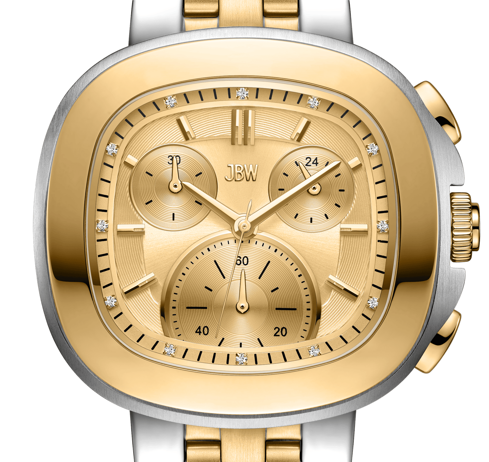 A close-up of the JBW Watches Coast | J6397C, featuring a gold and silver stainless steel band, gold face with three subdials, lab-grown diamond hour markers, and gold-tone hands, set against a white background.