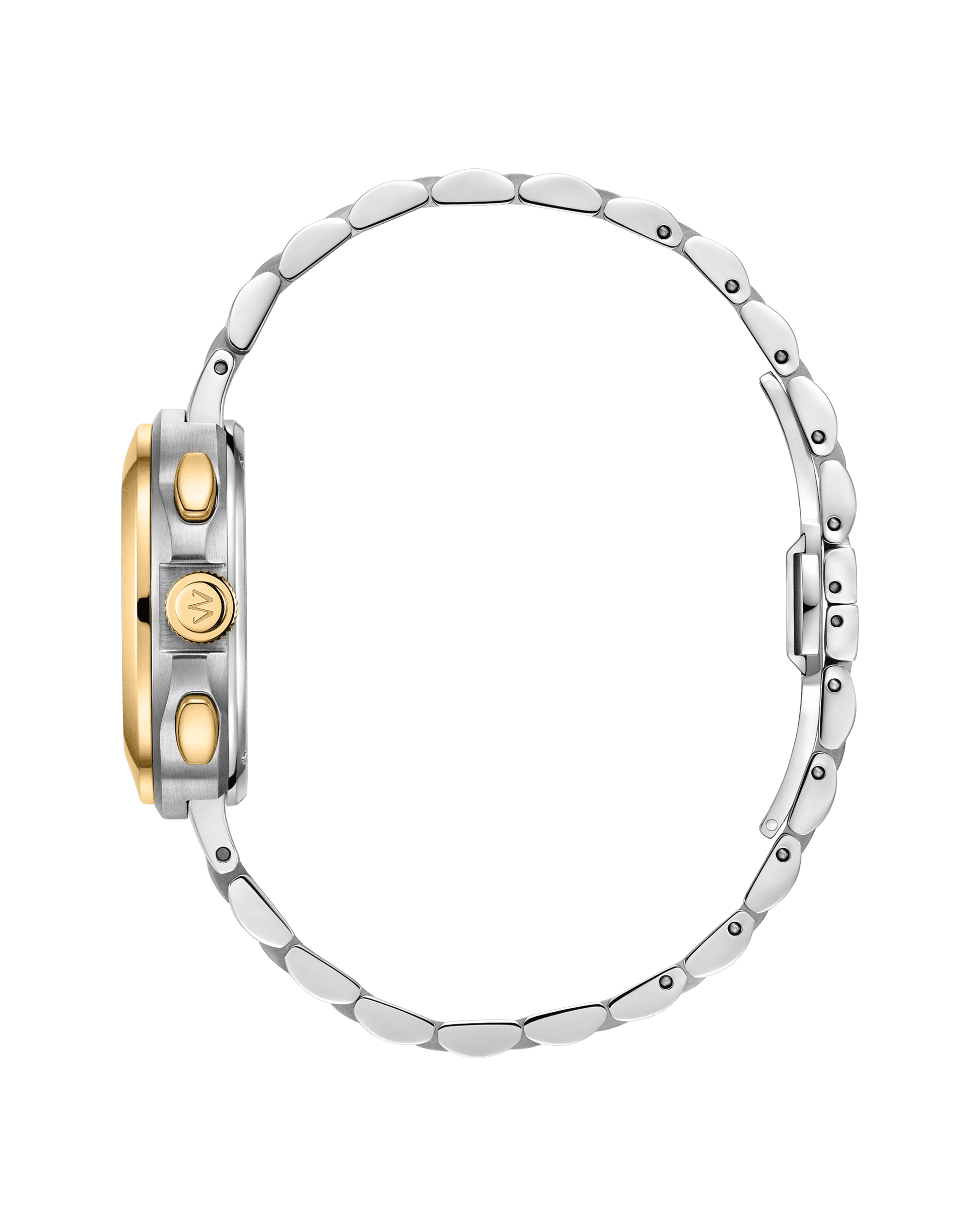 Side view of the JBW Watches Coast | J6397C, a two-tone chronograph with a silver link band and gold accents on crown and pushers, shown on a plain white background.