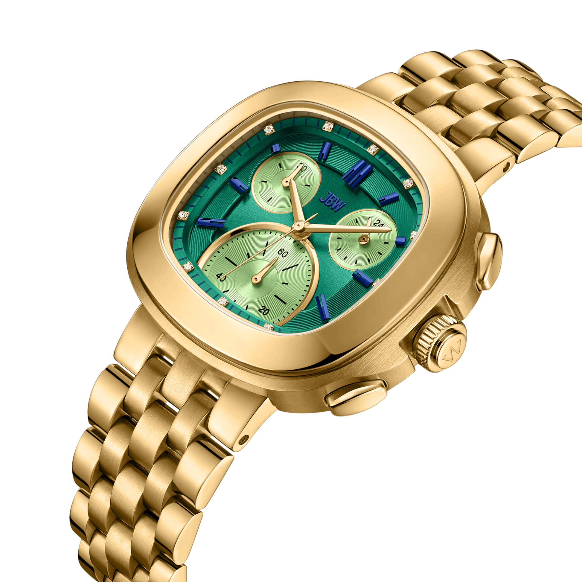 The JBW Watches Coast | J6397D is a 38mm gold stainless steel wristwatch with a green and turquoise dial, three subdials, luminous gold hands, blue hour markers, and a gold link bracelet shown against a white background.