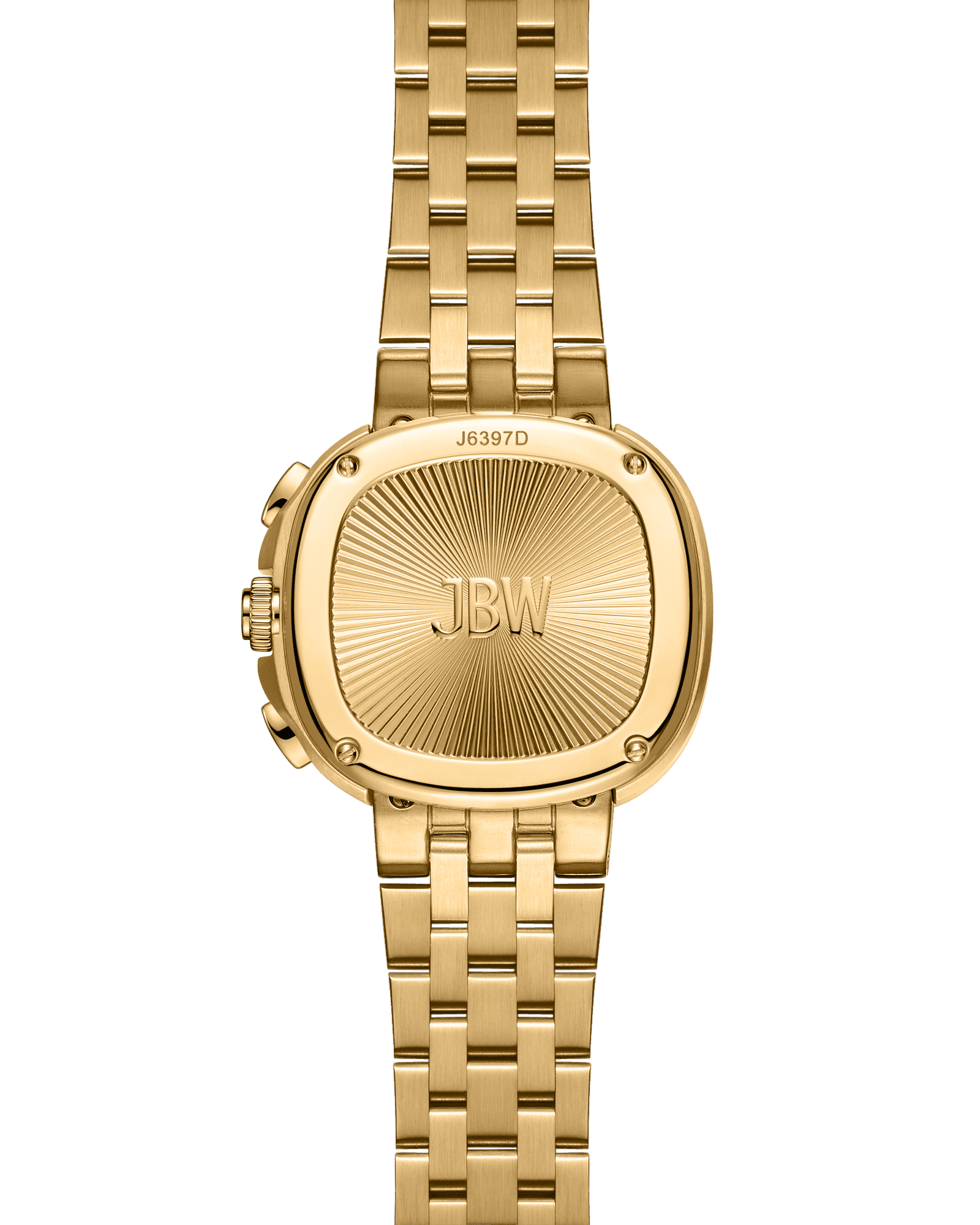 The Coast | J6397D by JBW Watches is a 38mm gold stainless steel wristwatch with a rectangular case, patterned backplate engraved with JBW and J6397D, and a linked metal band, shown face down on a white background.