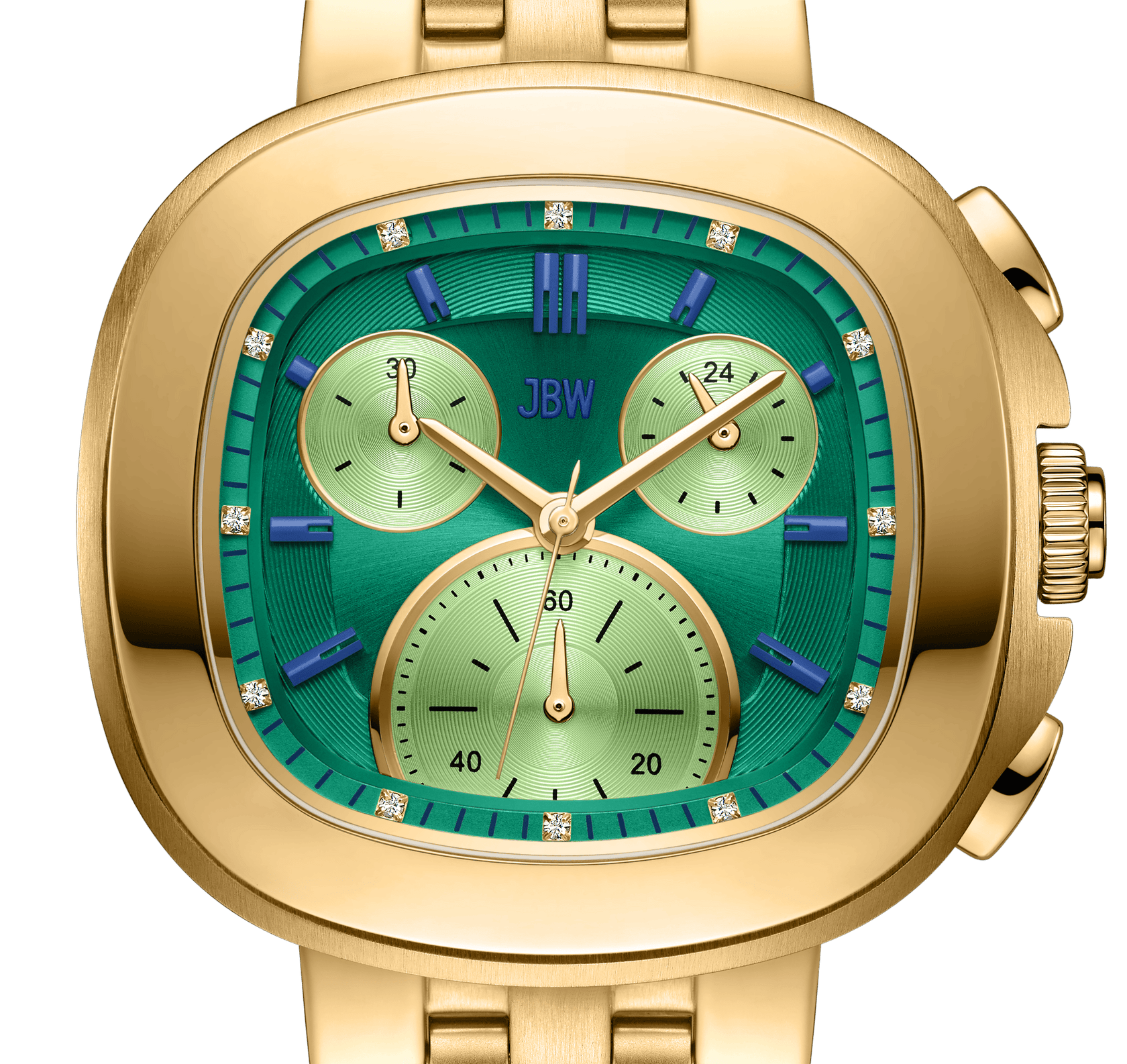The Coast | J6397D by JBW Watches is a gold wristwatch with a green and gold face, three subdials, lab-grown diamond markers, blue accents, a 38mm square stainless steel case with rounded edges, and a gold metal band. Brand logo on dial.