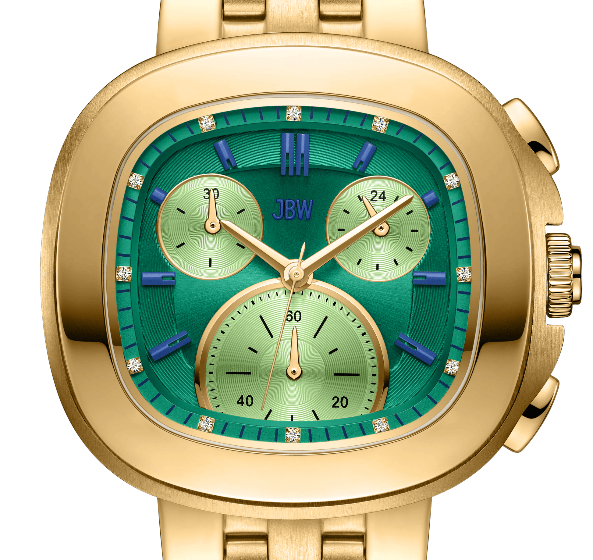 The Coast | J6397D by JBW Watches is a gold wristwatch with a green and gold face, three subdials, lab-grown diamond markers, blue accents, a 38mm square stainless steel case with rounded edges, and a gold metal band. Brand logo on dial.