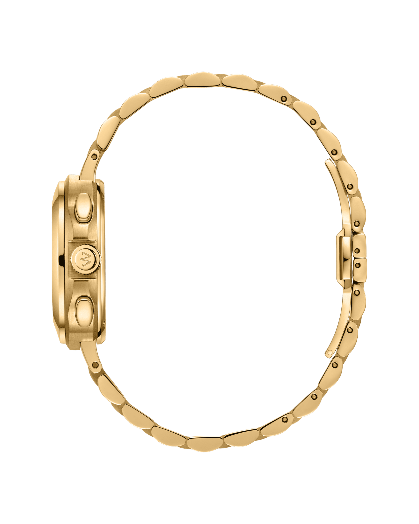 Side view of the JBW Watches Coast | J6397D, a gold 38mm stainless steel watch with a round case, textured crown, two buttons, and linked bracelet, shown against a plain white background.