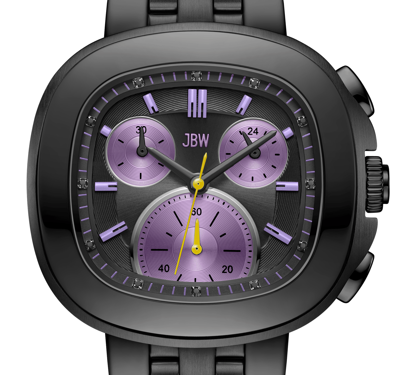 A close-up of the JBW Watches Coast (Sample Sale) | J6397E-GA, featuring a black square face, purple hour markers and details, three subdials, a yellow second hand, and a metal band.