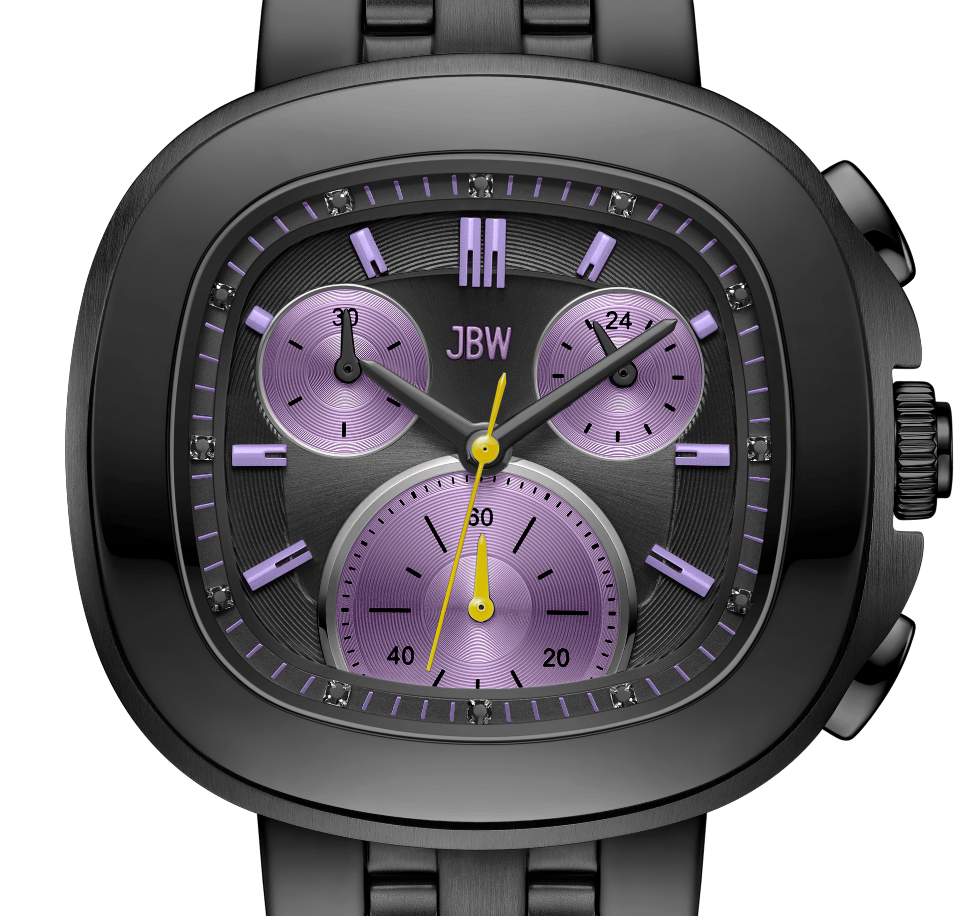 A close-up of the JBW Watches Coast (Sample Sale) | J6397E-GA, featuring a black square face, purple hour markers and details, three subdials, a yellow second hand, and a metal band.