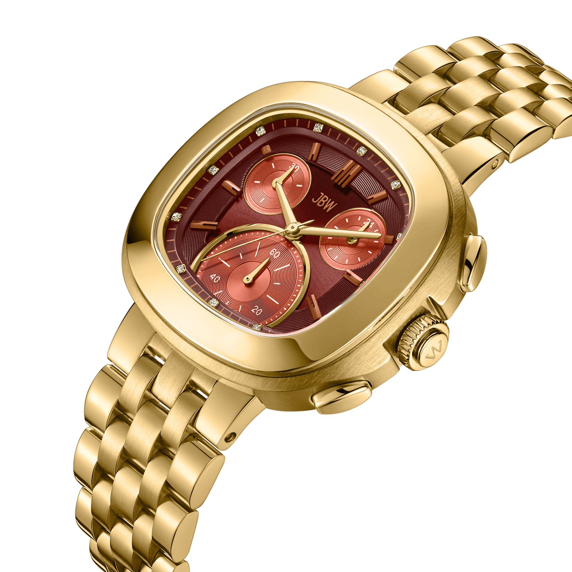 The JBW Watches Coast | J6397F is a gold wristwatch with a round square case, red dial, three subdials, Japanese Miyota movement, gold hour markers, and a gold metal link band on a white background.