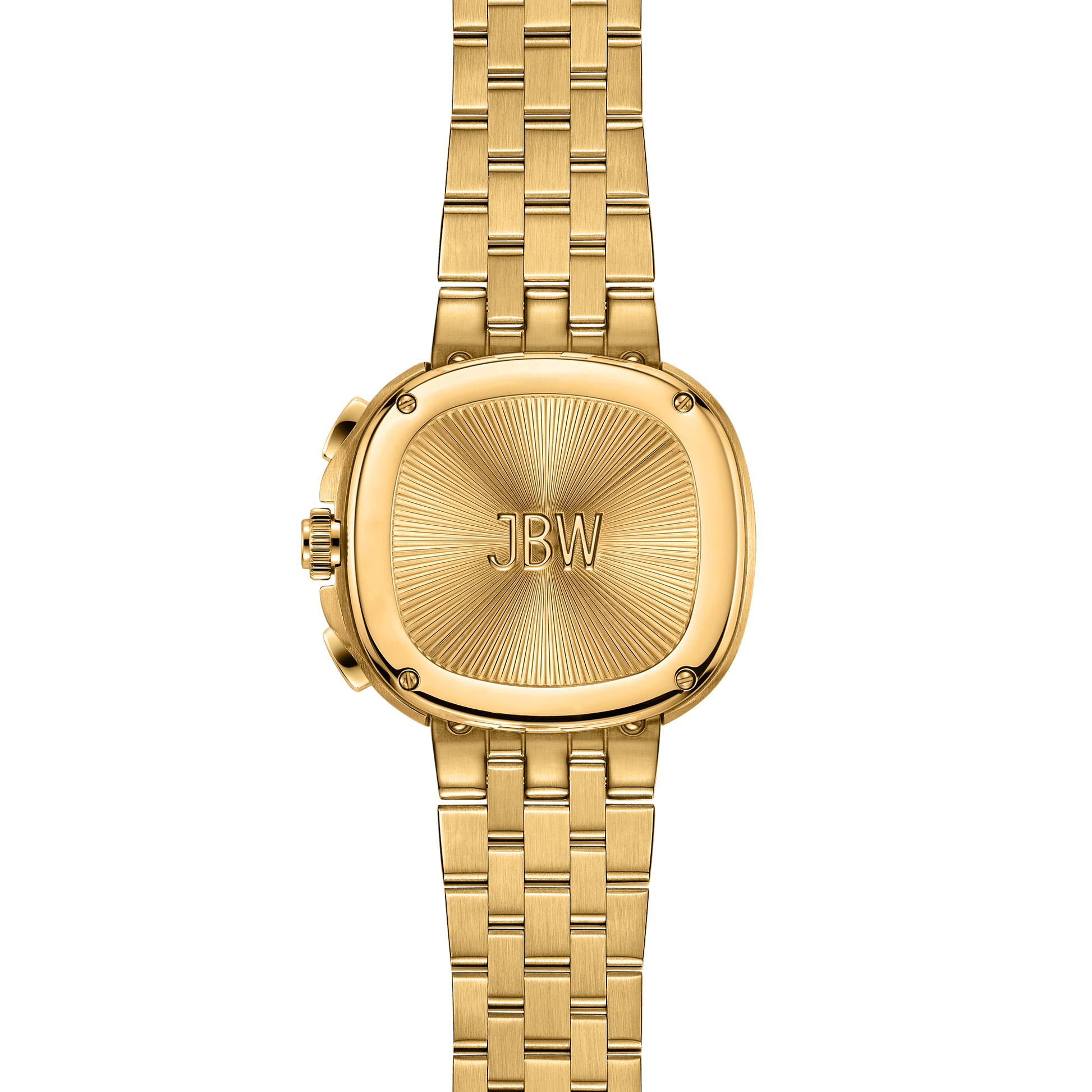 The JBW Watches Coast | J6397F is a gold wristwatch with a metal link band. The back features an engraved JBW logo, a radiating sunburst pattern, and houses reliable Japanese Miyota movement.