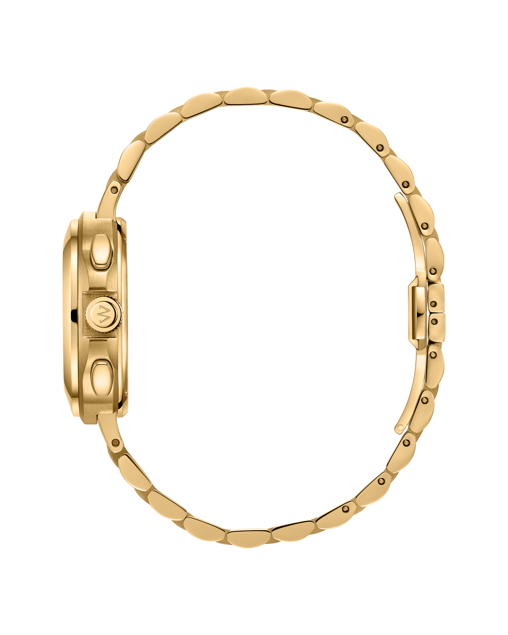 Side view of the JBW Watches Coast | J6397F, a gold stainless steel chronograph with a round case, metal link band, crown and buttons on the right, and visible clasp on the opposite side.