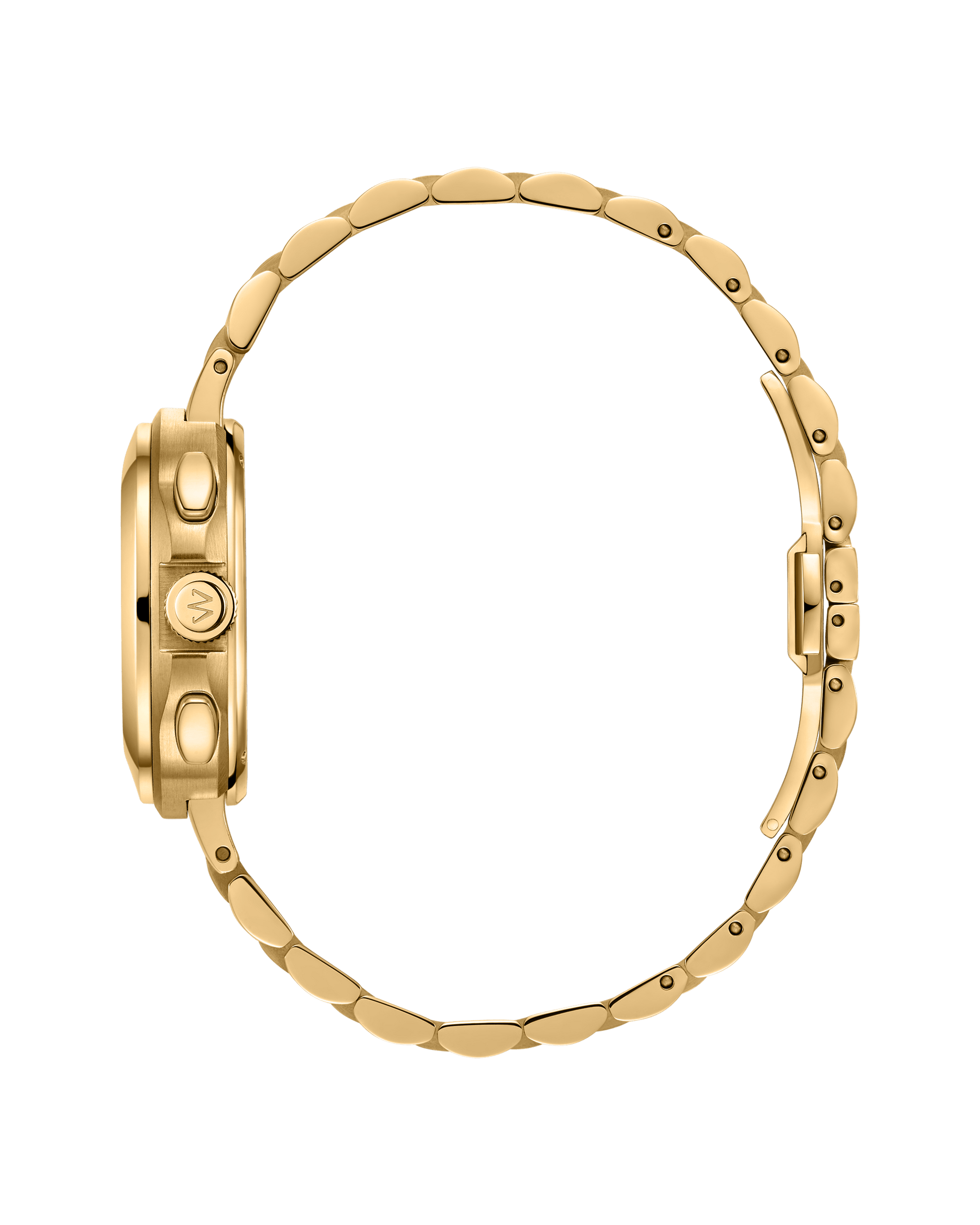 Side view of the JBW Watches Coast | J6397F, a gold stainless steel chronograph with a round case, metal link band, crown and buttons on the right, and visible clasp on the opposite side.