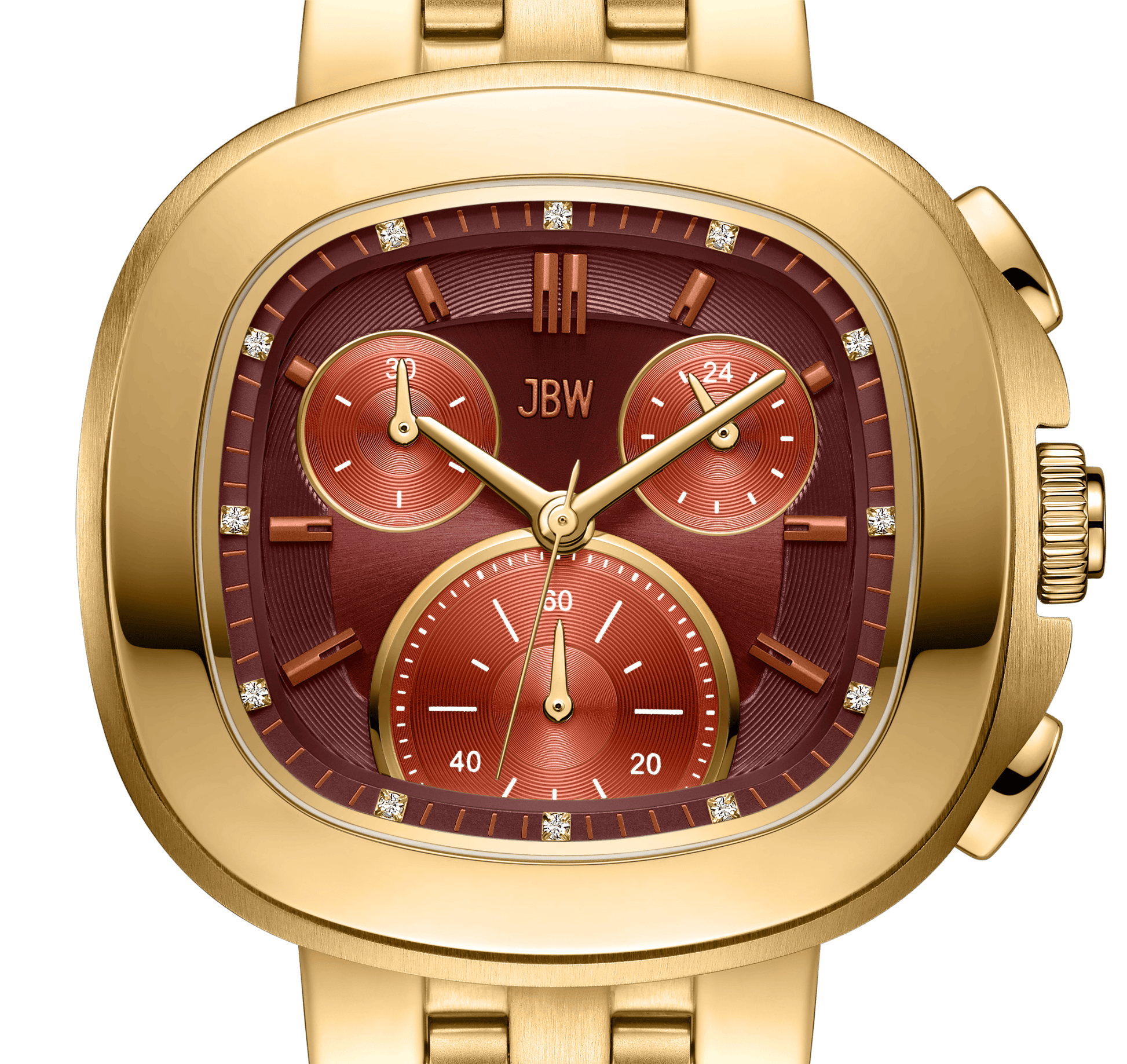 The Coast | J6397F by JBW Watches is a gold wristwatch with a square case, burgundy dial, diamond hour markers, gold hands, three subdials powered by Japanese Miyota movement, and a matching gold metal band.