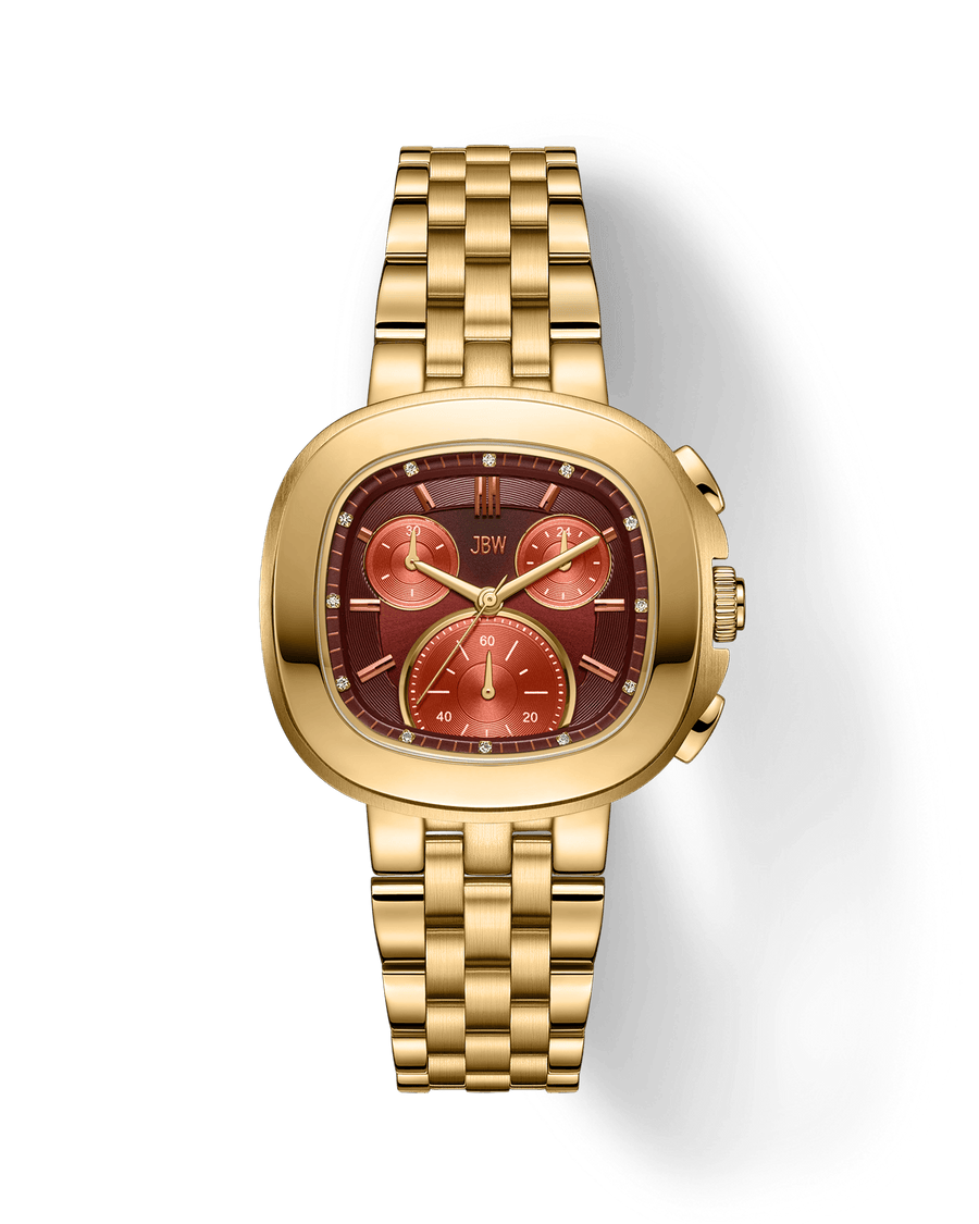 The JBW Watches Coast | J6397F is a gold wristwatch with a linked bracelet, square red dial, three subdials, gold hour markers, and precise Japanese Miyota movement, shown against a light background.