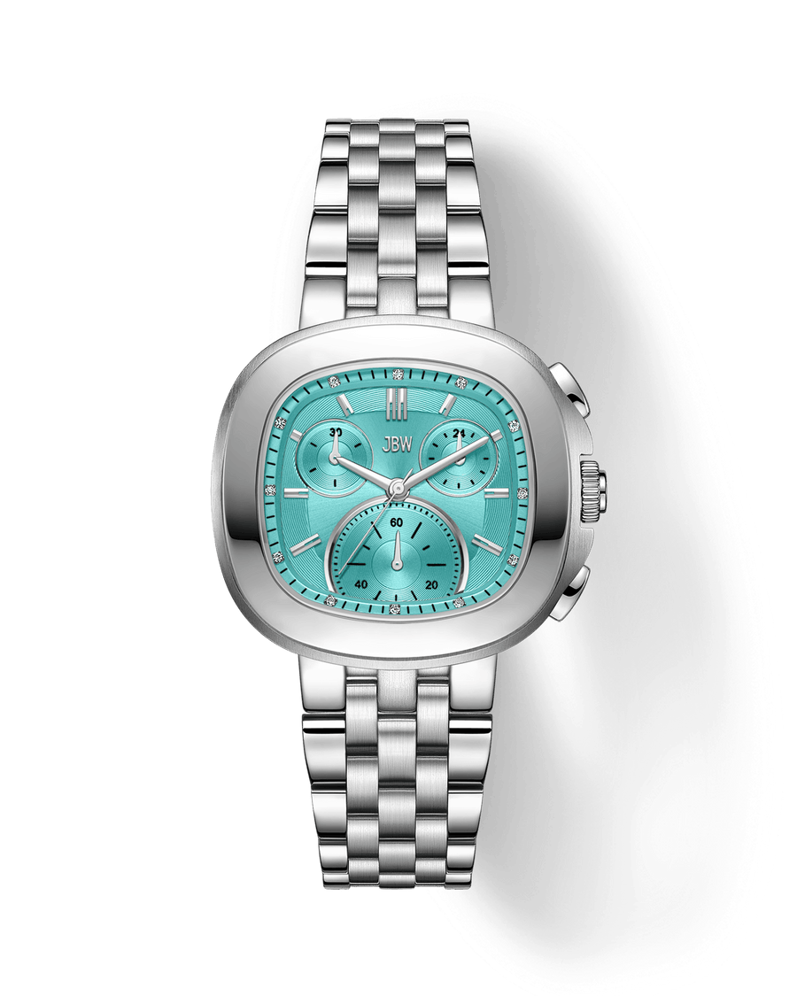 The JBW Watches Coast | J6397G features a silver metal case, square turquoise dial with three subdials, and a linked bracelet band, displayed on a white background.
