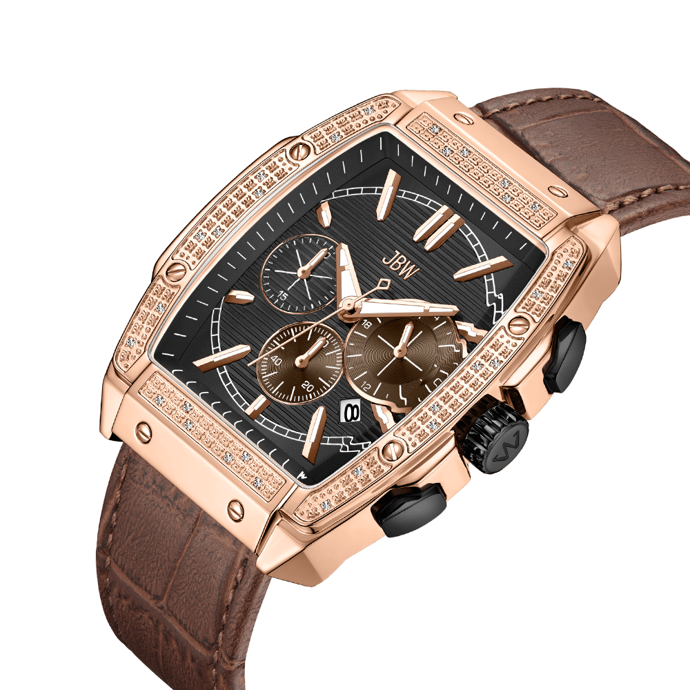 The JBW Echelon | J6379D is a luxury diamond chronograph with a rose gold tonneau case, rectangular face, black and gold dials, embossed brown leather band, and diamond bezel—shown on a plain white background.