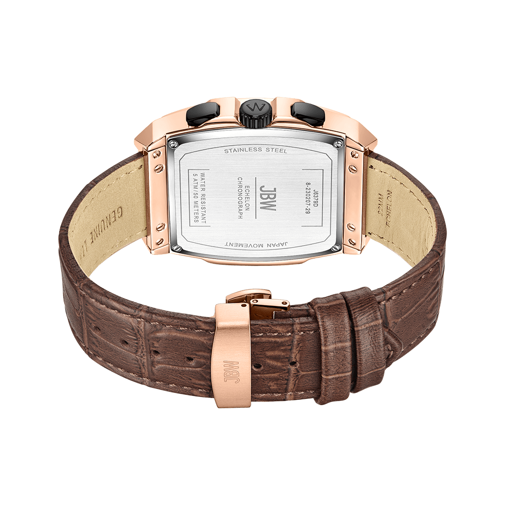 A close-up of the back of the JBW Echelon | J6379D diamond chronograph watch, featuring a brown embossed leather band, rose gold buckle, and a stainless steel case back engraved with JBW branding and model details.