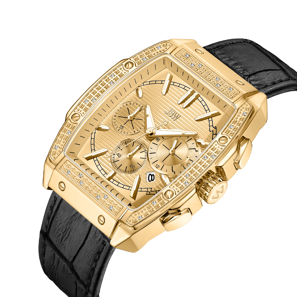 The JBW Echelon | J6379E is a gold-plated stainless steel luxury watch featuring a rectangular face, diamond accents, three subdials, and a black embossed leather band, shown on a plain white background.