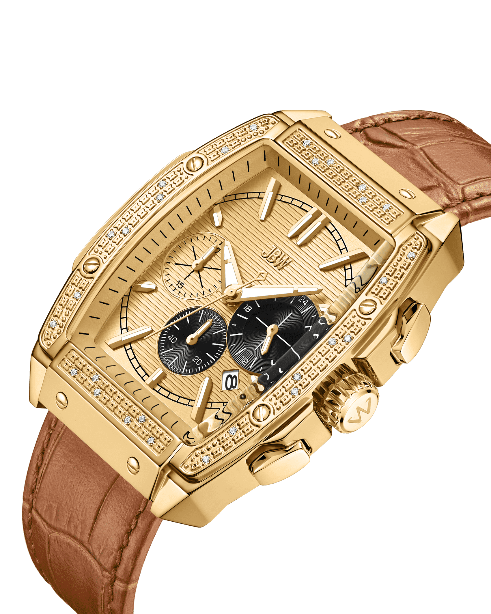 The Echelon (Sample Sale) | J6379F-GA by JBW Watches features a gold-plated stainless steel case, rectangular face with diamond accents, two black subdials, date window, embossed leather band, and detailed crown and pushers.