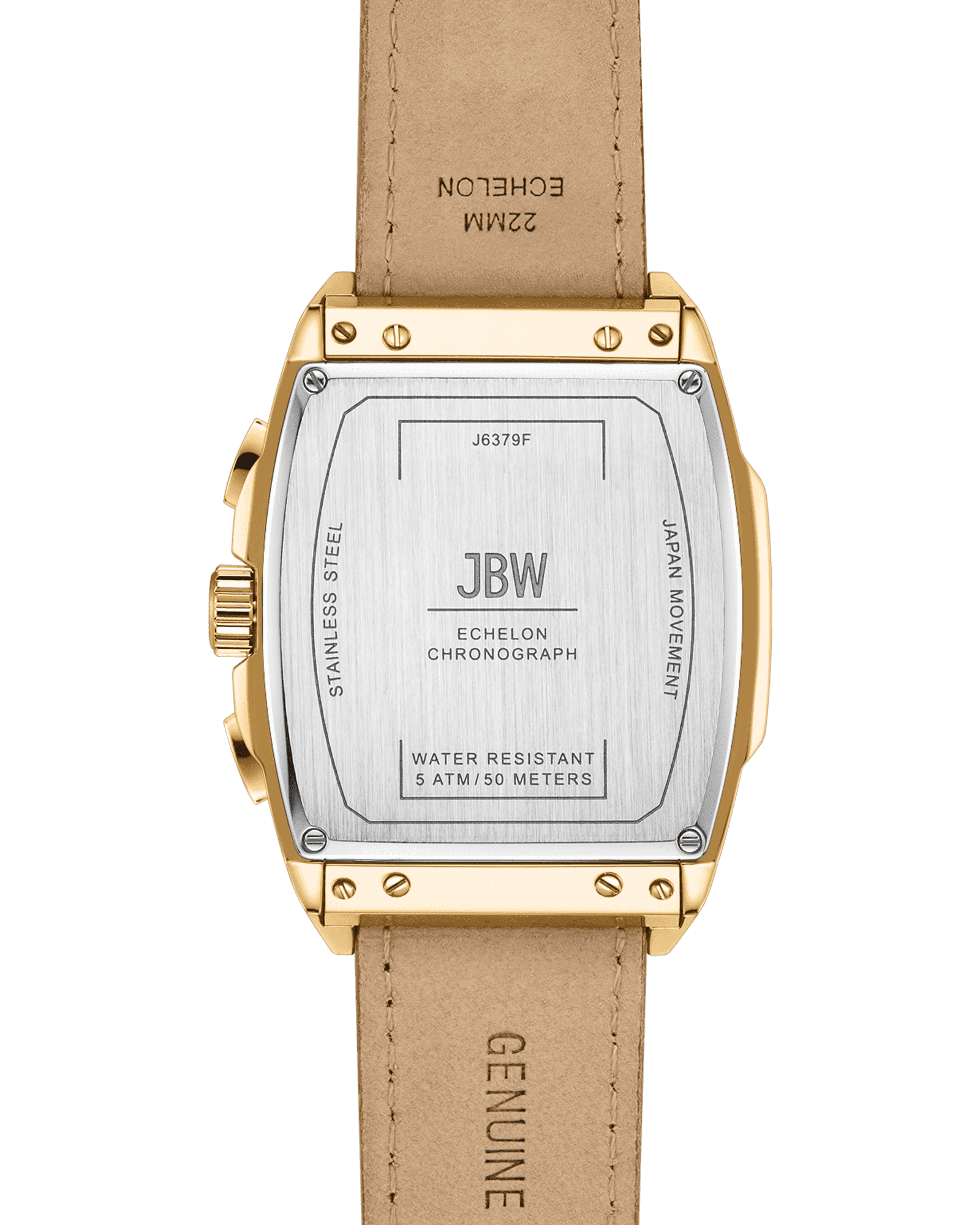 Back view of the JBW Watches Echelon (Sample Sale) | J6379F-GA, showing its rectangular gold-plated stainless steel case, embossed leather band, and back displaying water resistance and movement details.