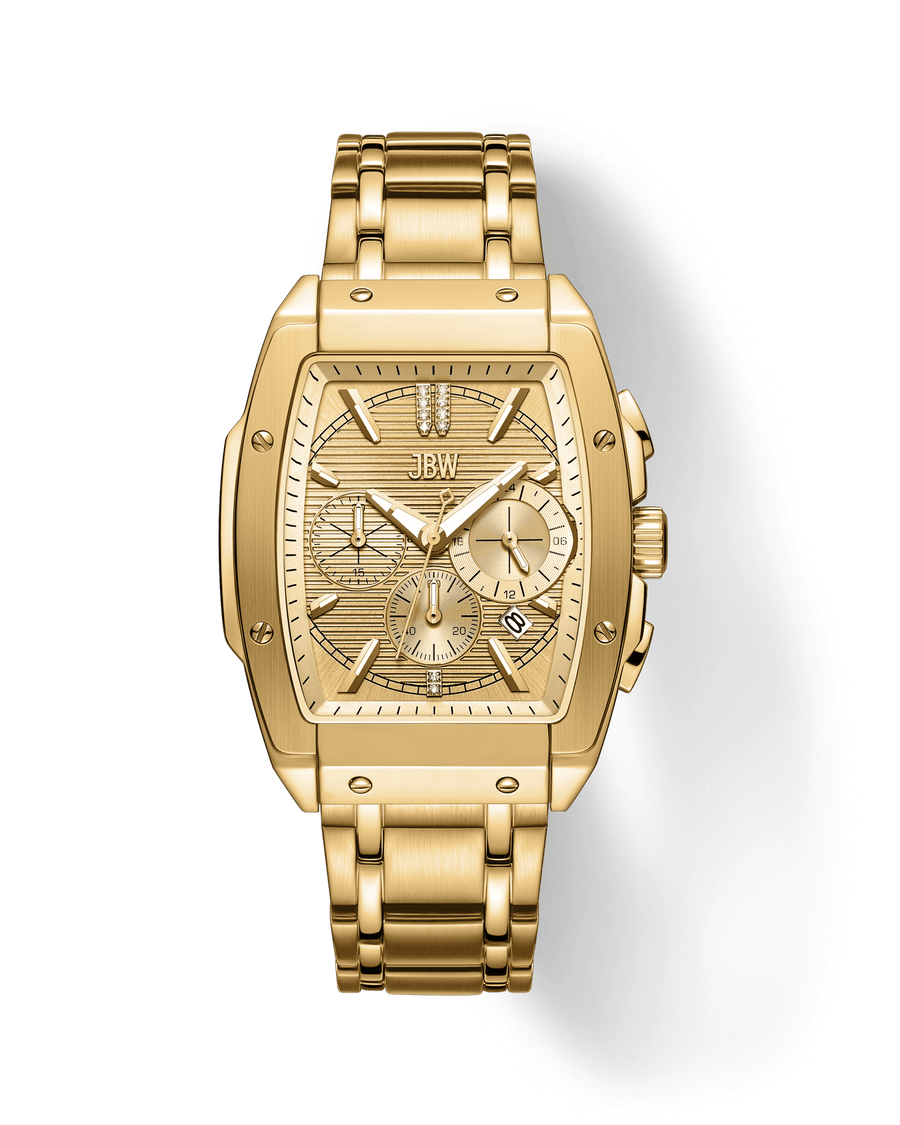 The JBW Watches Echelon | J6409A is an 18K gold-plated, rectangular watch with three subdials, a date window, and a stainless steel band, displayed on a plain white background.