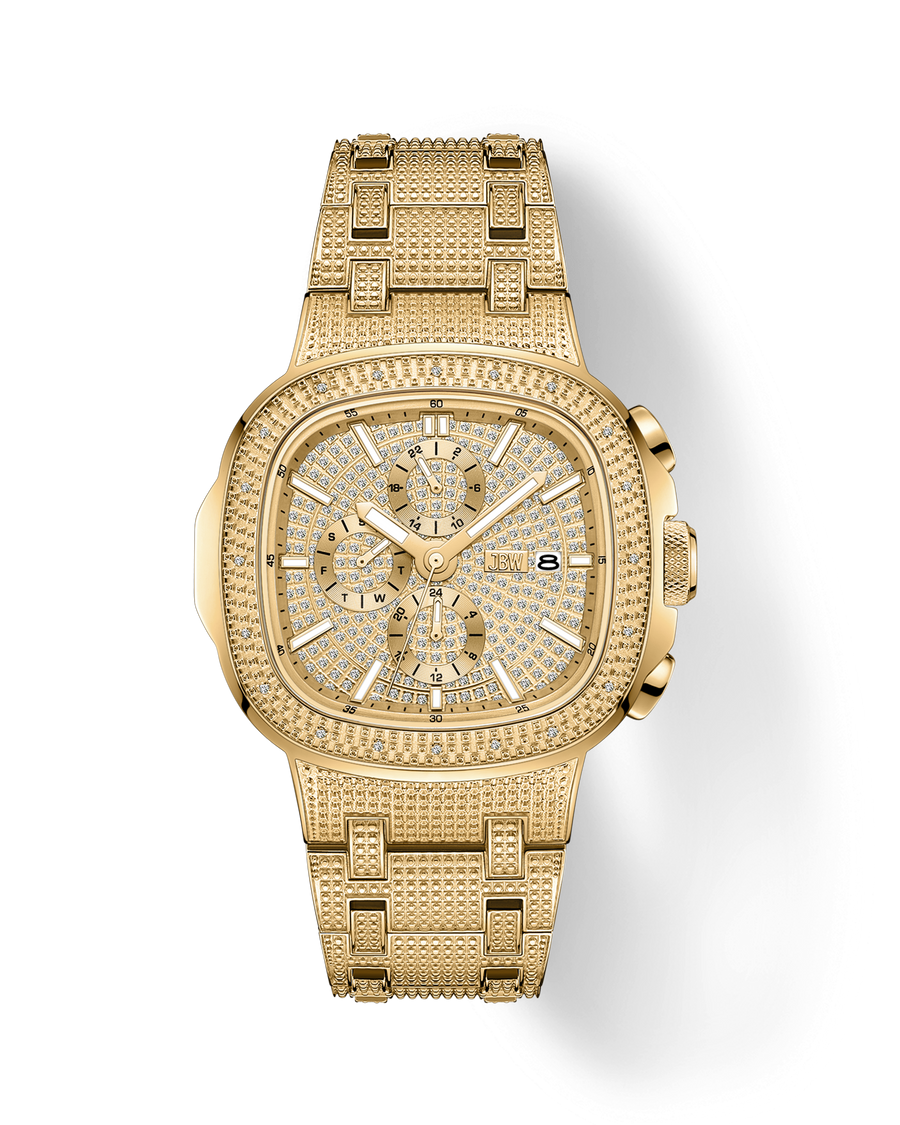 The JBW Heist | J6380A is a luxurious gold wristwatch with a rounded square 18K gold-plated stainless steel case, multiple subdials, diamond accents, and a right-side date display, shown against a light background.