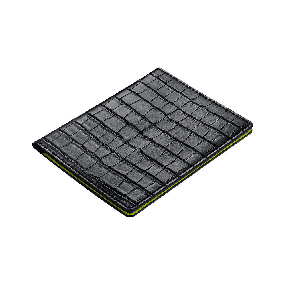 The JBW Watches Passport Holder | J1030 is a black genuine leather wallet with a crocodile skin pattern and a slim design accented by a yellow edge, shown closed on a white background—perfect for stylish passport protection on the go.