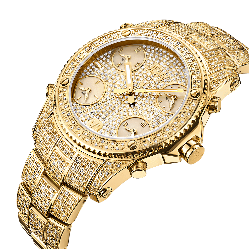 The Jet Setter (Sample Sale) | JB-6213-A-GA by JBW Watches is a gold luxury wristwatch featuring sparkling diamonds on the bezel, face, and band, with three subdials and Roman numeral markers on a white background.