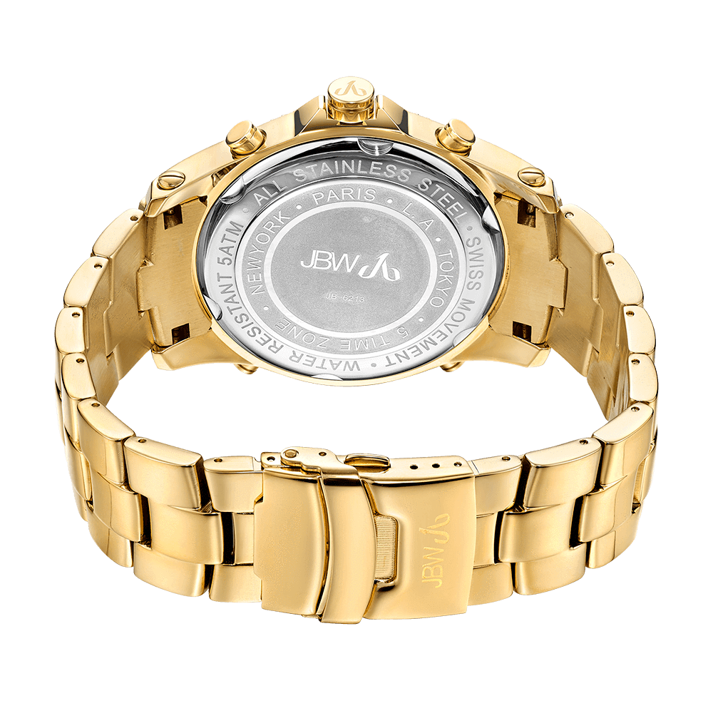 The JBW Watches Jet Setter (Sample Sale) | JB-6213-A-GA is shown from the back, revealing the engraved case with branding, city names, water resistance details, and a visible clasp engraved with JBW.