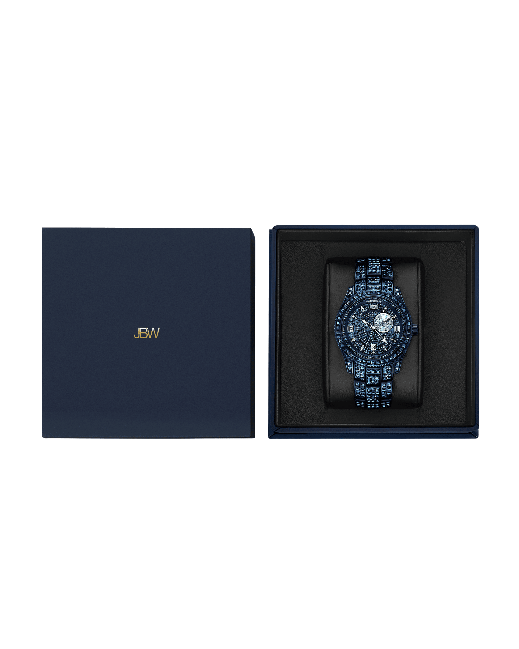 The JBW Watches RESERVE Bleu 39 | R6393A-GA (Grade A) luxury blue and silver wristwatch with sapphire blue crystals is shown in an open box beside its matching closed navy blue box with gold JBW lettering on the lid.