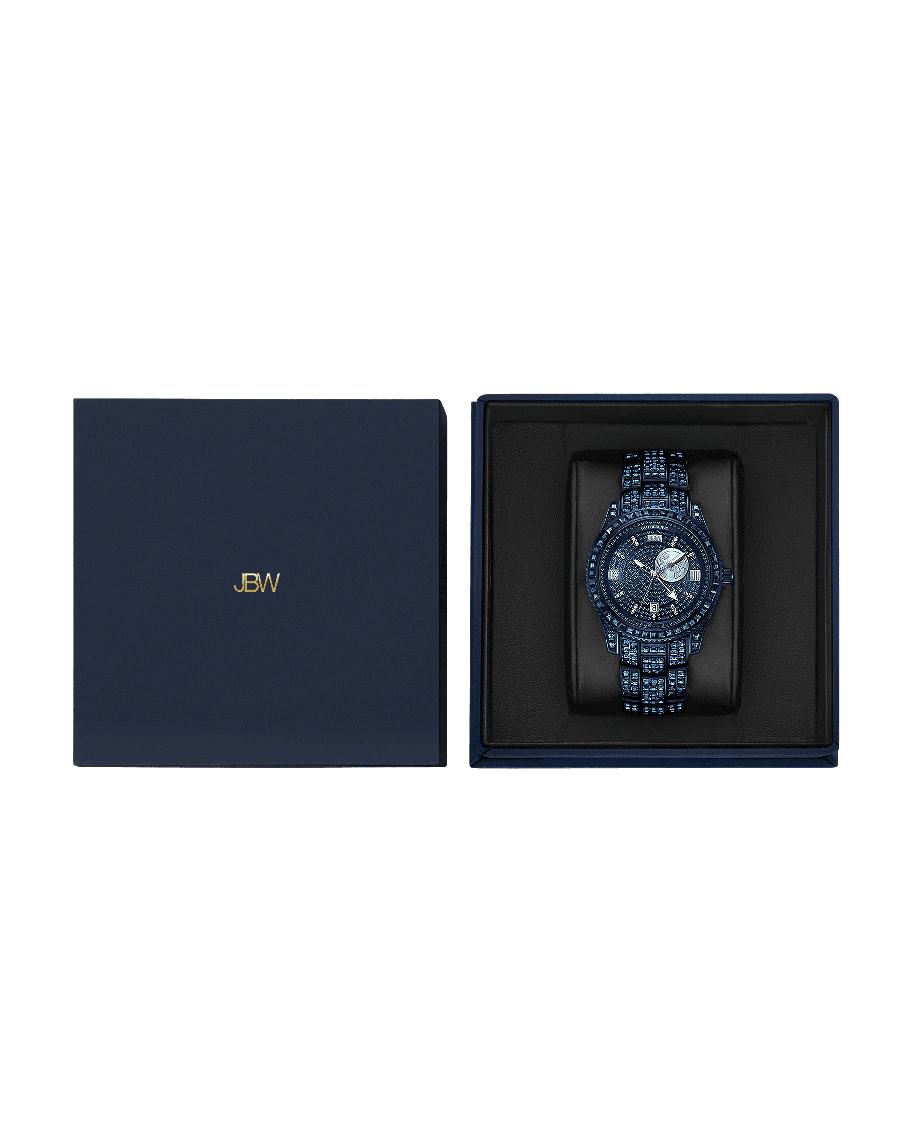 The JBW Watches RESERVE Bleu 39 | R6393A-GA (Grade A) luxury blue and silver wristwatch with sapphire blue crystals is shown in an open box beside its matching closed navy blue box with gold JBW lettering on the lid.