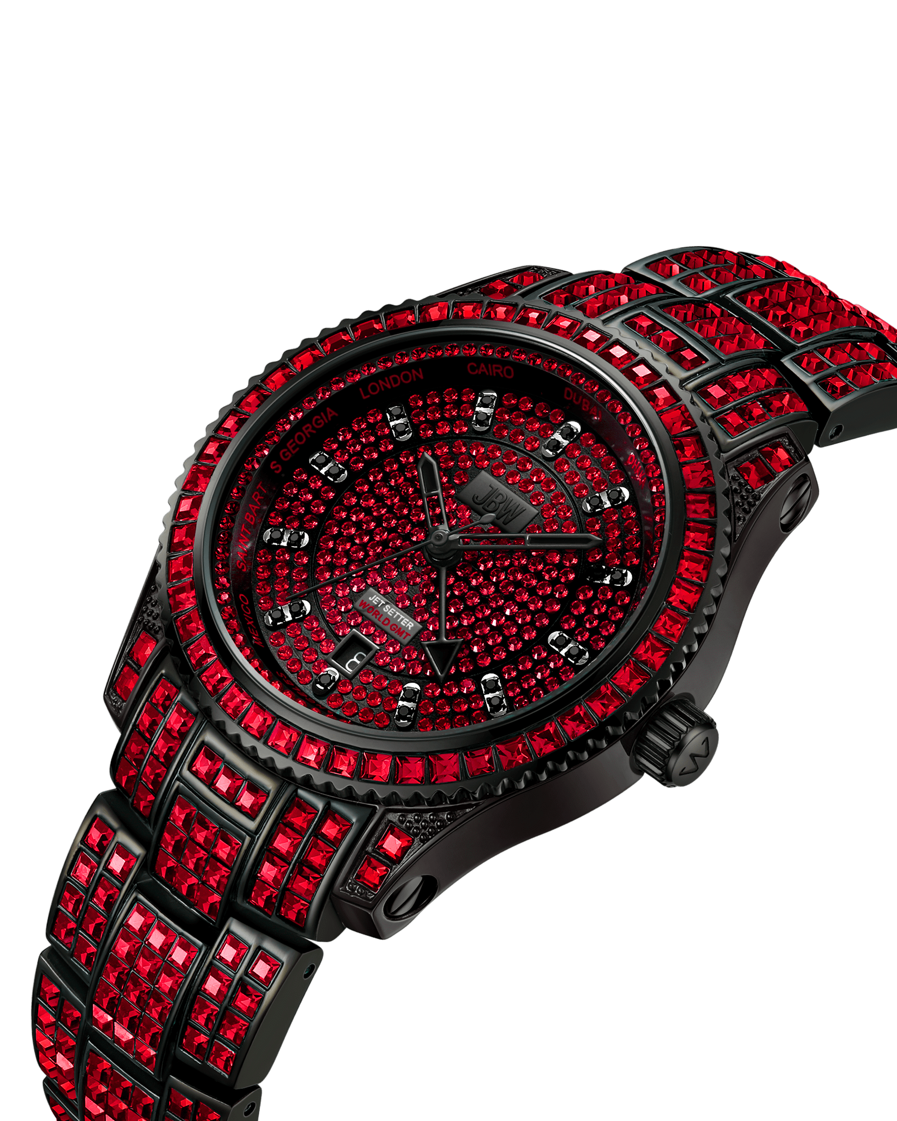 The RESERVE Jet Setter GMT Ruby | R6393B by JBW Watches features a black metal band and face, fully encrusted with vibrant red gemstones, Swiss GMT movement, city names on the dial, and sparkling details for a bold, opulent look.