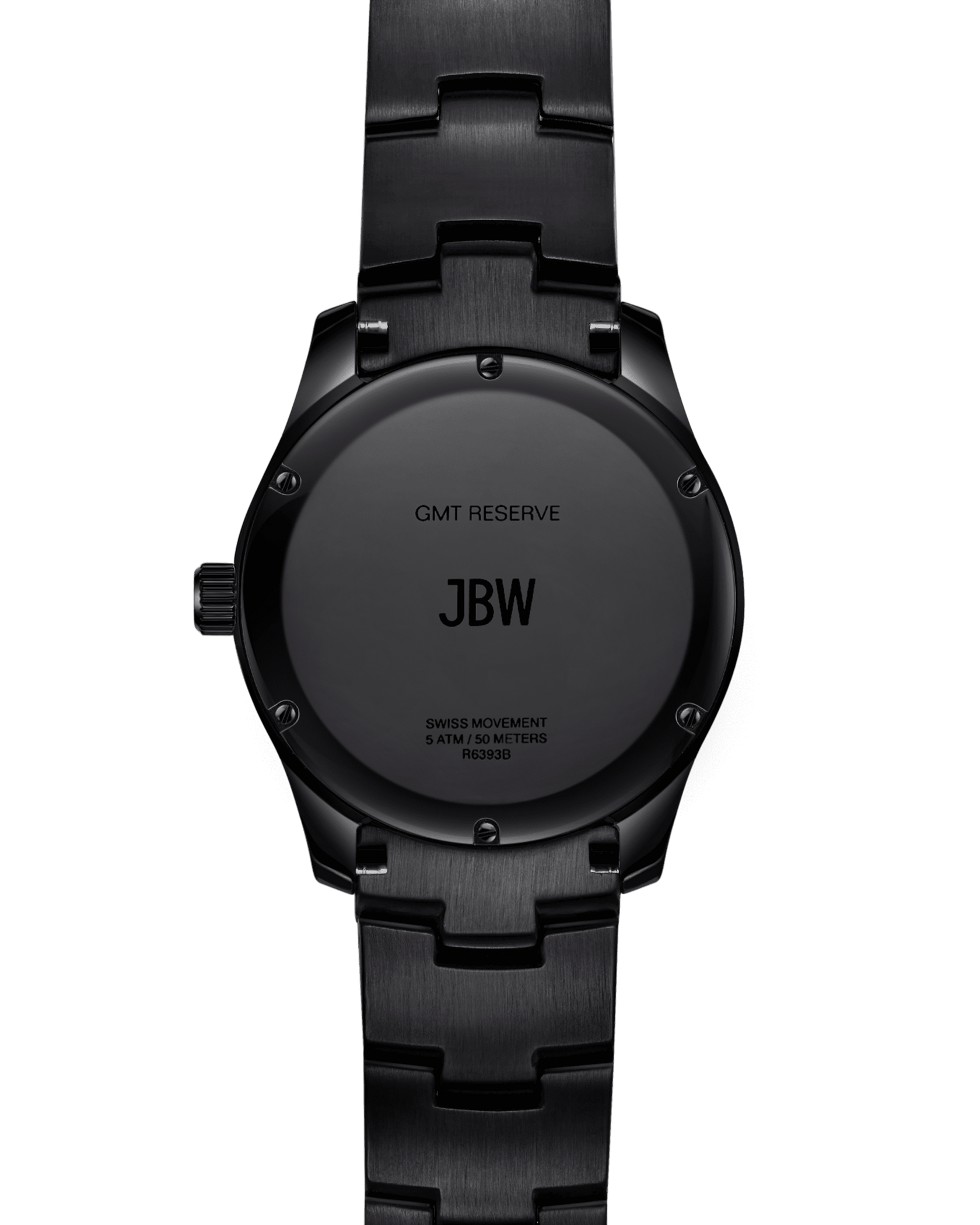 Back view of the RESERVE Jet Setter GMT Ruby | R6393B by JBW Watches, featuring engraved "GMT RESERVE JBW," Swiss GMT movement label, water resistance details, and a coordinating black metal band.