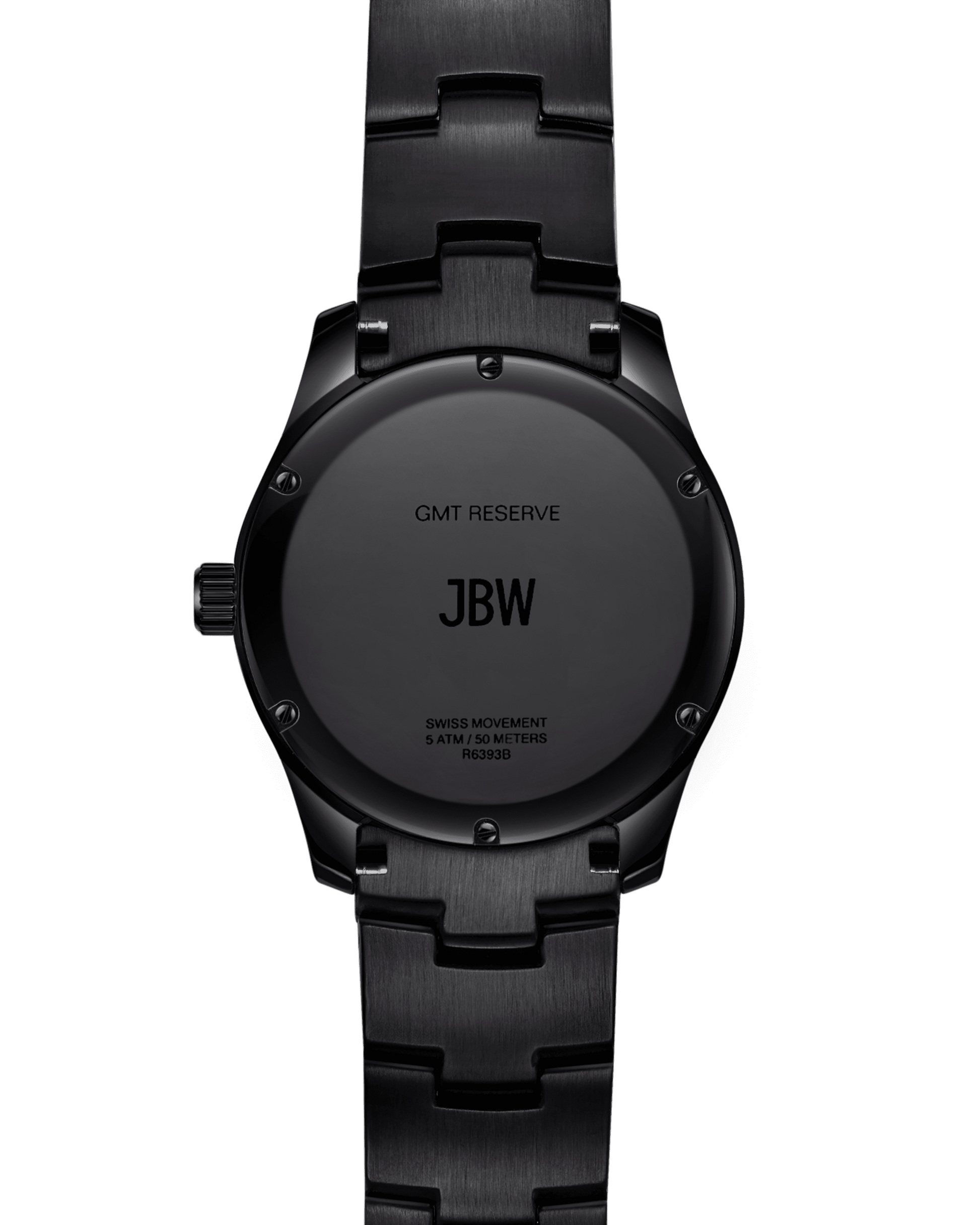 Back view of the RESERVE Jet Setter GMT Ruby | R6393B by JBW Watches, featuring engraved "GMT RESERVE JBW," Swiss GMT movement label, water resistance details, and a coordinating black metal band.