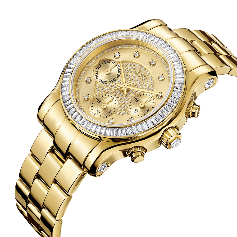 Experience luxury with the JBW Laurel | J6330A, an 18K gold-plated watch featuring a metal link band, round white face accented by diamond hour markers and sparkling stones, plus a bezel set with clear baguette crystals.