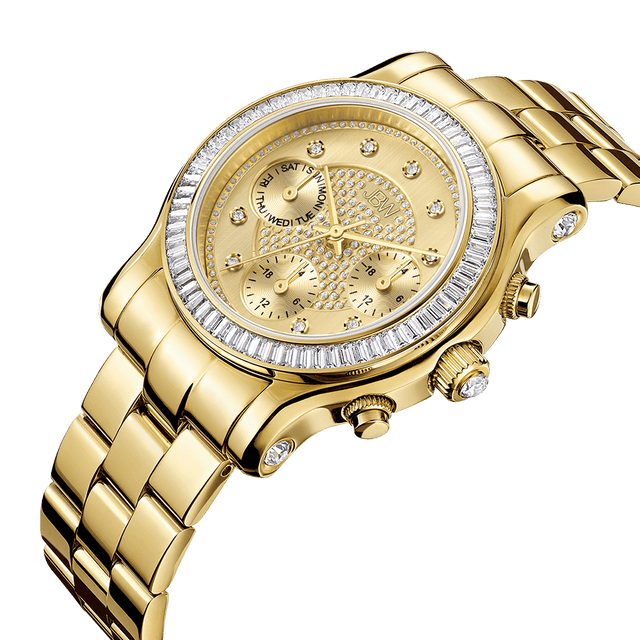 The JBW Laurel | J6330A is an 18K gold-plated watch with a metal band, three subdials, diamond hour markers, and a decorative bezel, shown on a plain white background.