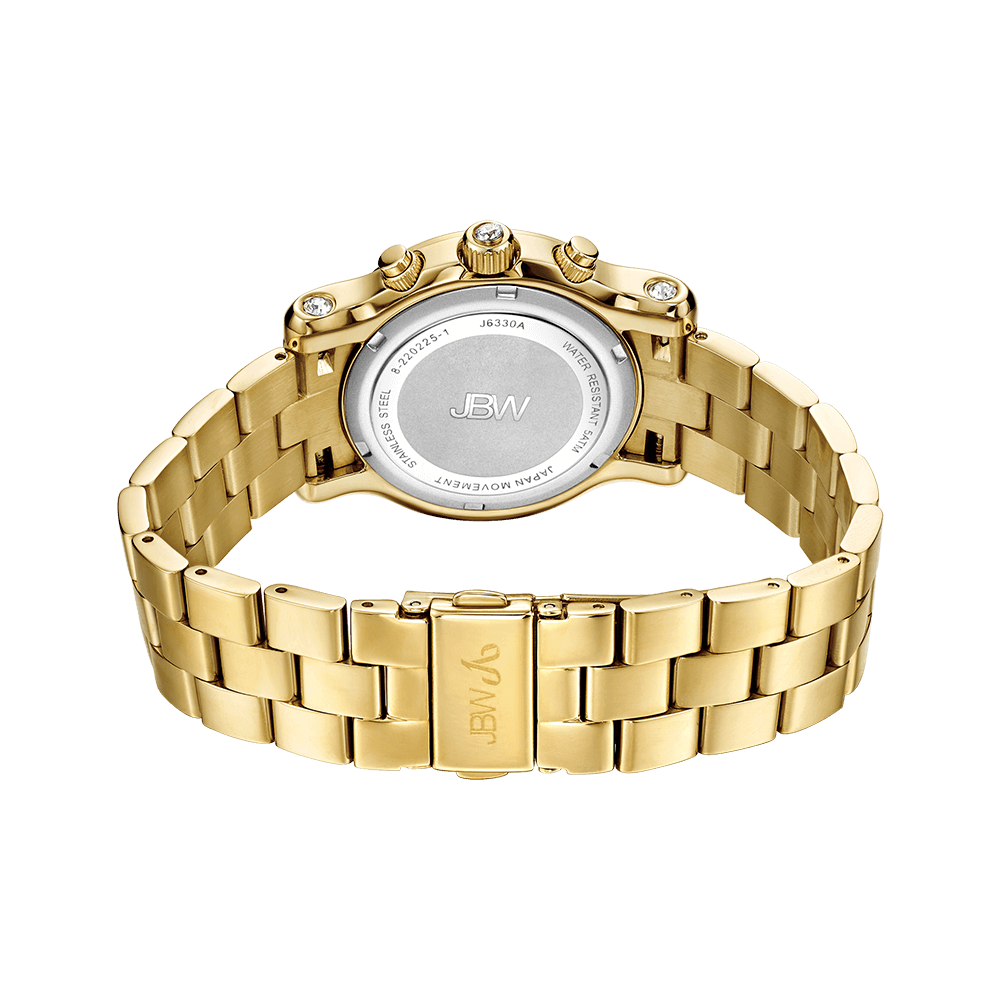 The JBW Laurel | J6330A gold wristwatch is shown from the back, featuring a stainless steel engraved case back and an 18K gold-plated metal link bracelet with a clasp engraved with the JBW logo.