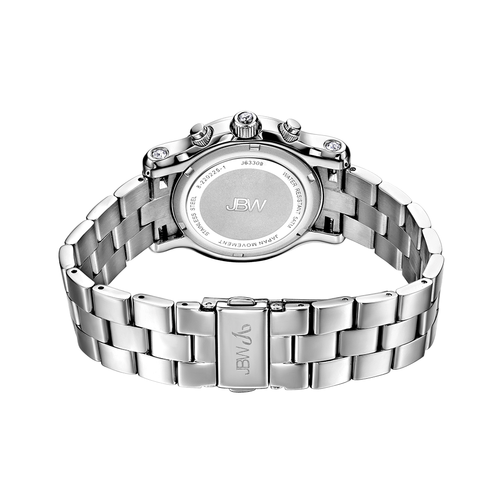 A silver stainless steel wristwatch with a metal link band is shown from the back. The case displays the JBW brand, model Laurel | J6330B, with a baguette crystal bezel, plus visible buttons and crown on the side.