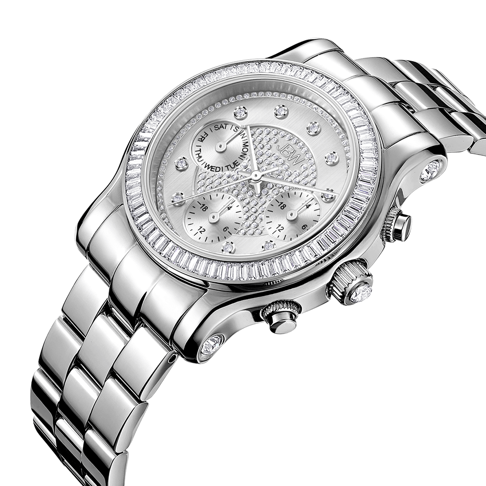 The JBW Laurel | J6330B is a luxury silver wristwatch with a stainless steel bracelet, diamond-studded bezel, three subdials, and a textured face featuring genuine diamond hour markers. Photographed on a light background.