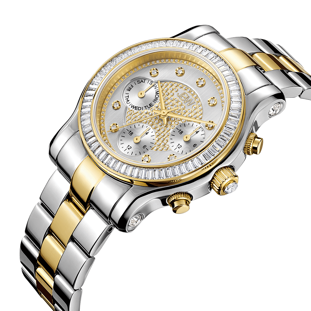The JBW Laurel | J6330F is a luxury wristwatch with a two-tone stainless steel band, round face with gold accents, genuine diamond hour markers, three subdials, and a white background.