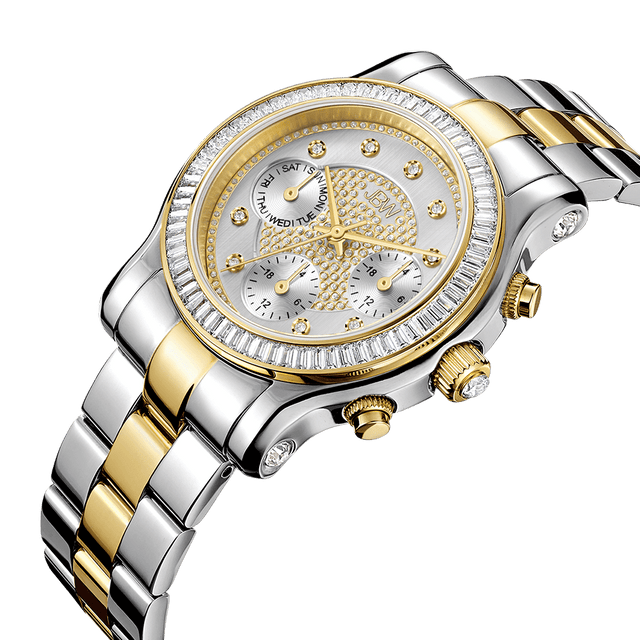 The JBW Laurel | J6330F is a two-tone stainless steel watch featuring a round bezel with genuine baguette diamonds, three subdials, gold hour markers, and a metal link band set against a white background.