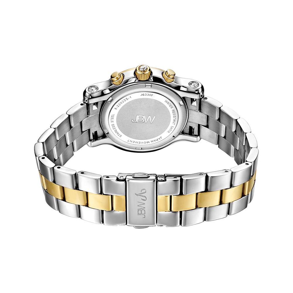The JBW Laurel | J6330F wristwatch in silver and gold two-tone stainless steel is shown from the back, highlighting its clasp, bracelet, and engraved case back with the JBW logo and product details.