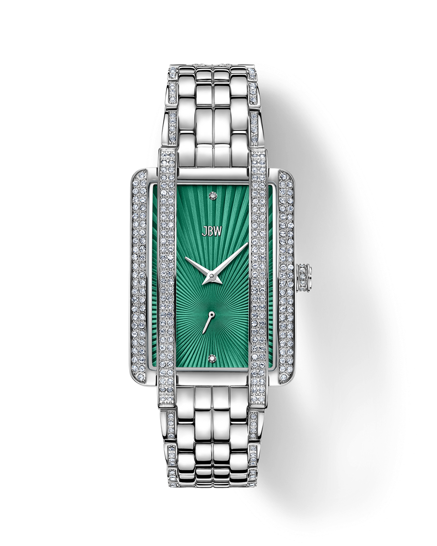The JBW Mink | J6358A is a rectangular silver diamond watch with a green textured face, crystal-embellished case and bezel, silver hour and minute hands, stainless steel bracelet, and the brand name JBW on the dial.