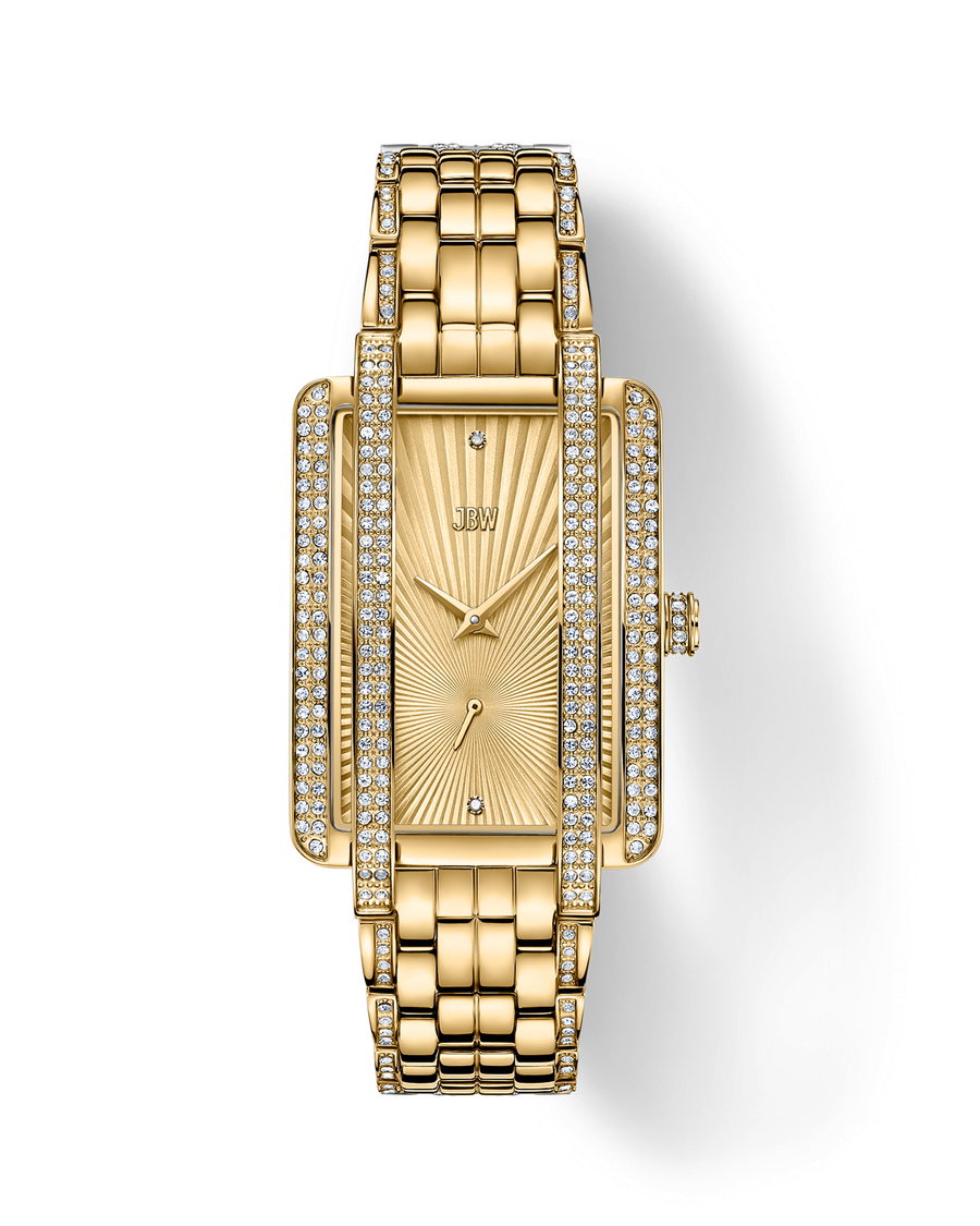 The JBW Mink | J6358B is a luxurious gold-plated watch featuring a rectangular case, sunburst dial with diamond hour markers, double rows of diamonds on the bezel and bracelet, and an elegant metal link band.