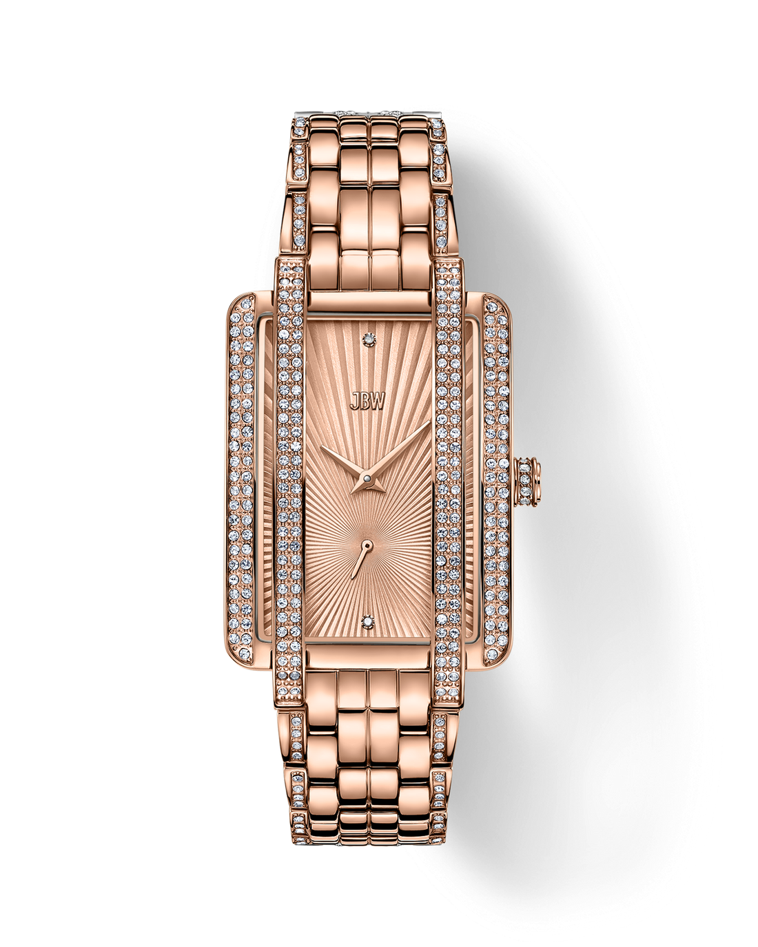 The JBW Mink | J6358C is a luxurious rose gold watch with a rectangular face, diamond-accented case and band, and a metal link bracelet, shown on a white background.