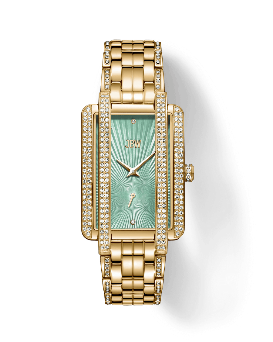 The JBW Mink | J6358J features a rectangular gold-plated stainless steel case, green geometric-patterned dial, gold hands, diamond accents on bezel and bracelet, a three-link band, and signature branding on the face.