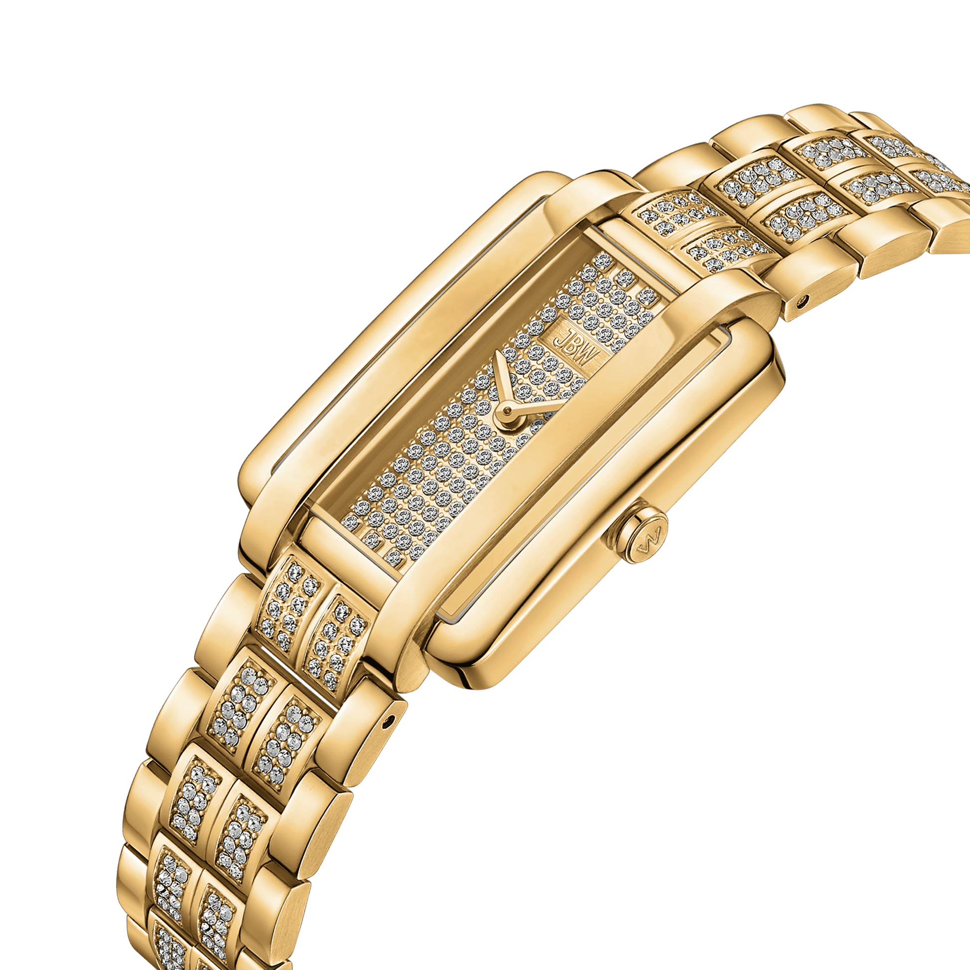 The JBW Watches Mink Petite | J6394A is a gold rectangular luxury watch adorned with lab-grown diamonds on the face and bracelet, featuring a minimalist white dial with gold hands and no markers.