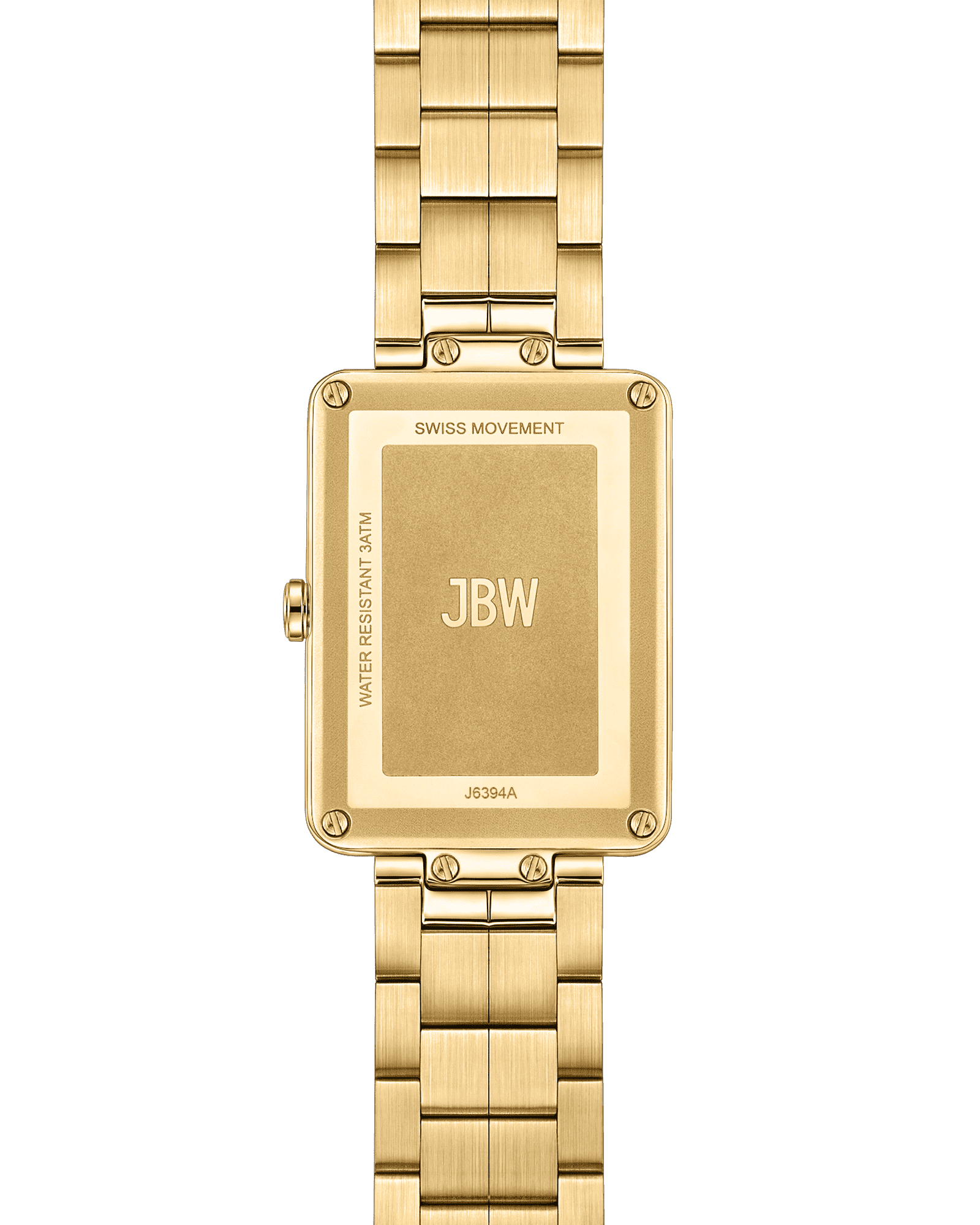 The JBW Watches Mink Petite (J6394A) is a gold rectangular luxury watch with a metal link band, engraved back case, and lab grown diamond accents—secured by four screws and marked SWISS MOVEMENT & 3ATM water resistance.