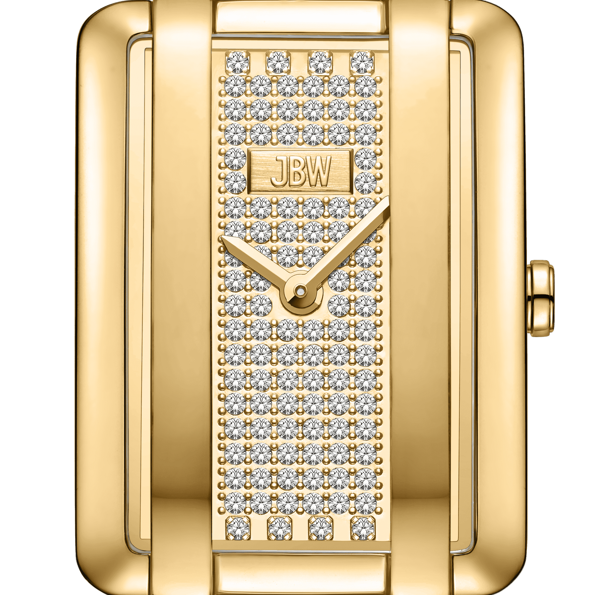 The Mink Petite | J6394A by JBW Watches showcases a rectangular gold case, diamond-studded lab grown diamond face, gold hands, and a JBW-engraved plaque. A polished gold frame and side crown complete its timeless luxury design.