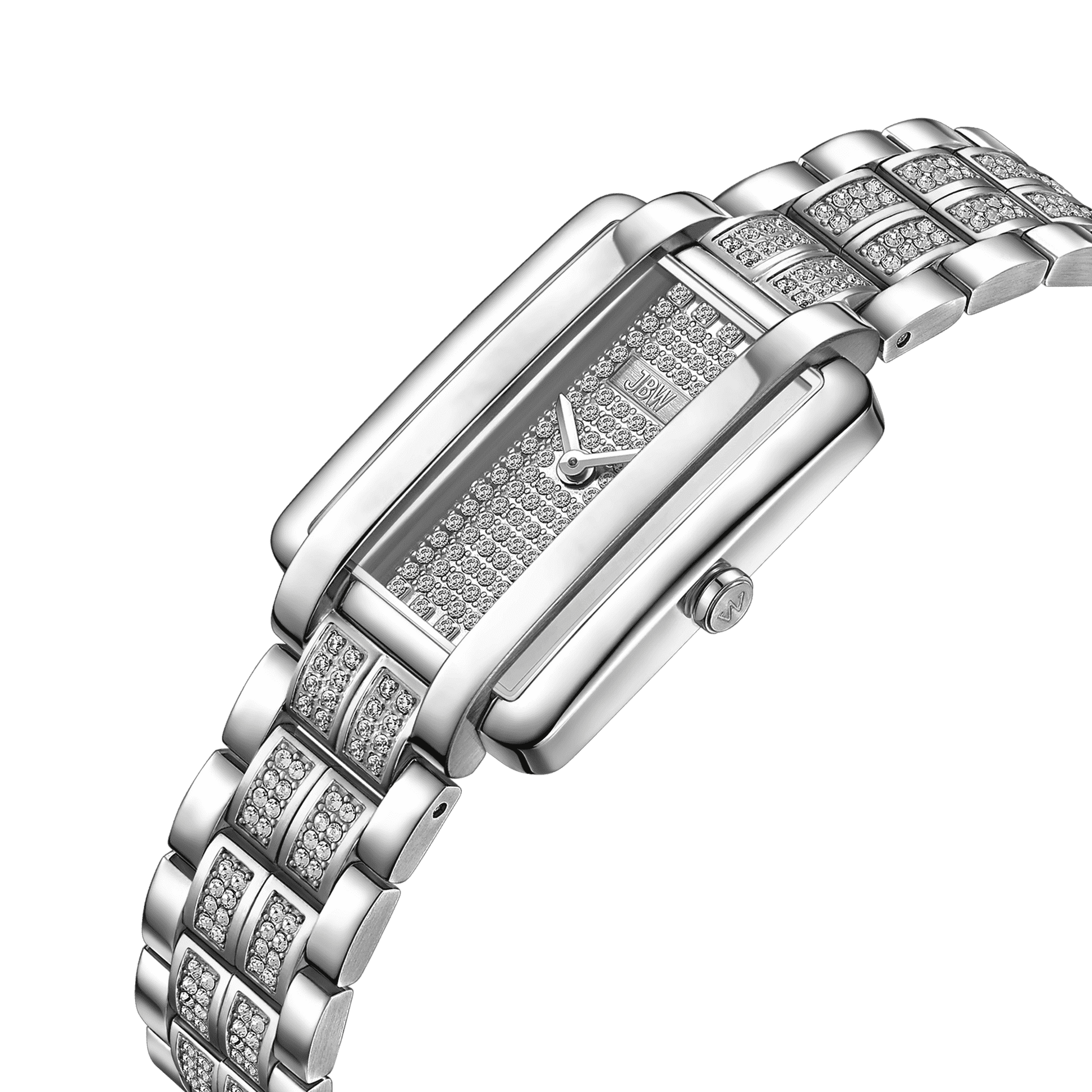 A close-up of the JBW Watches Mink Petite | J6394B, a silver rectangular wristwatch with a bracelet-style band, both adorned with sparkling lab-grown diamonds, displayed on a white background showing the time 10:08.