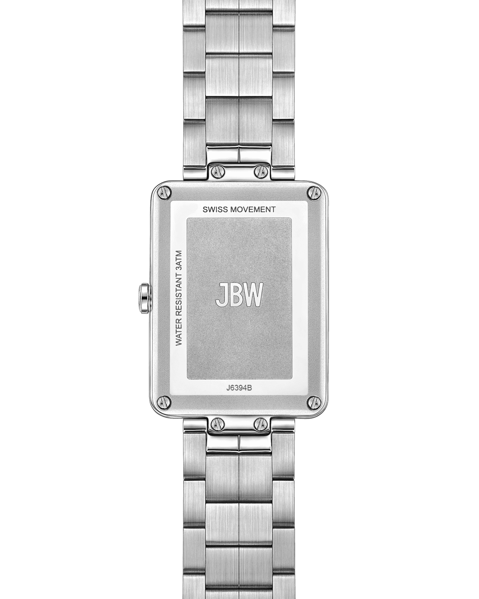Back view of the JBW Watches Mink Petite | J6394B, featuring a stainless steel band and rectangular silver case with SWISS MOVEMENT, WATER RESISTANT 3ATM, and model number J6394B inscribed.
