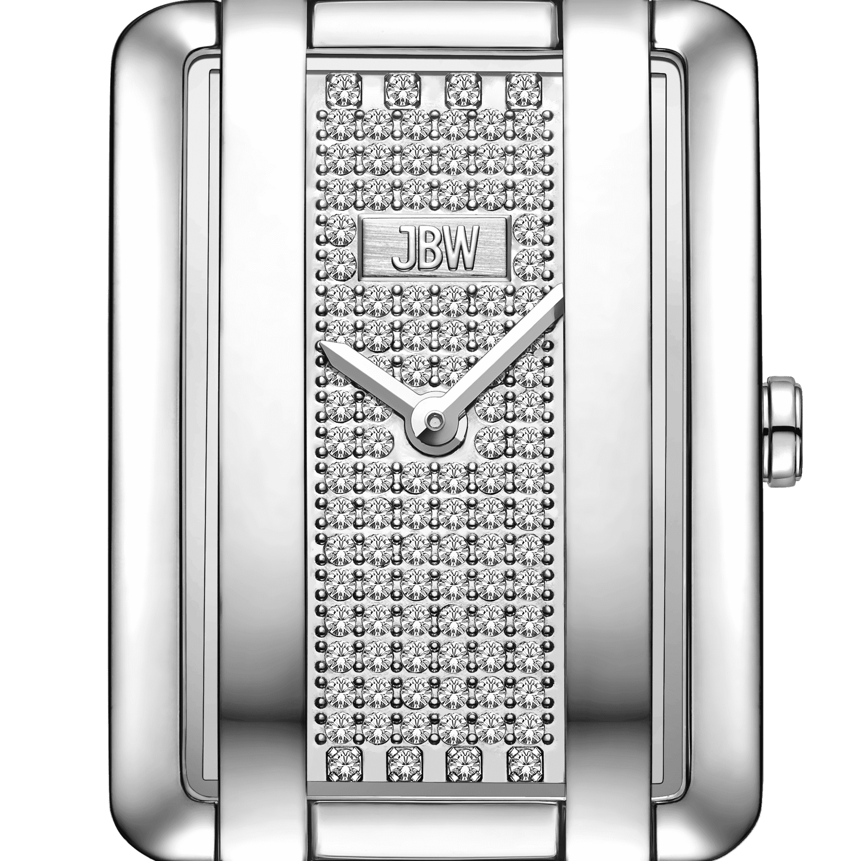 Close-up of the Mink Petite | J6394B by JBW Watches, a luxury timepiece featuring lab grown diamonds on a rectangular silver dial. The hands show 10:10, and the polished frame displays the JBW logo at the top center.